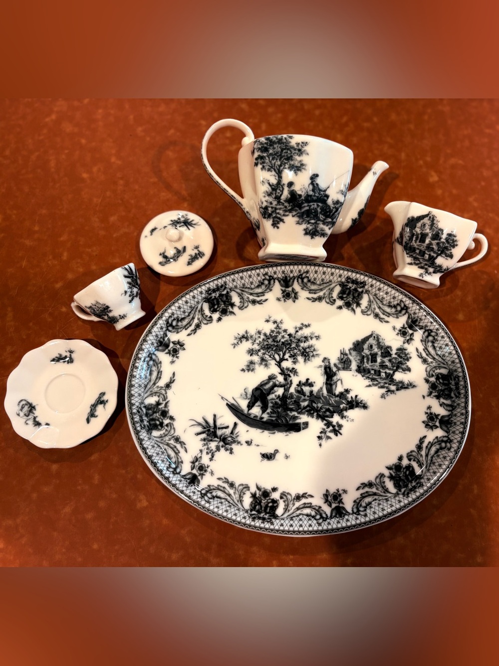 Classic Black & White Scenic Porcelain Tray w/Mini Teapot/Creamer/Saucer & Cup